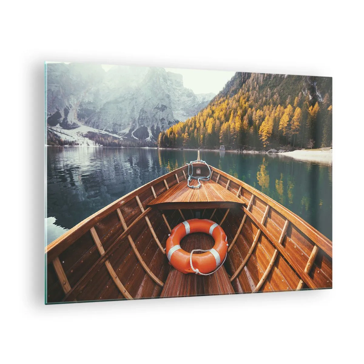 Schilderen op glas - Uitzicht vanaf een houten boot op een bergmeer en een herfstbos - 70x50cm - Bergtocht - Moderne wanddecoratie voor woonkamer en slaapkamer ARTTOR