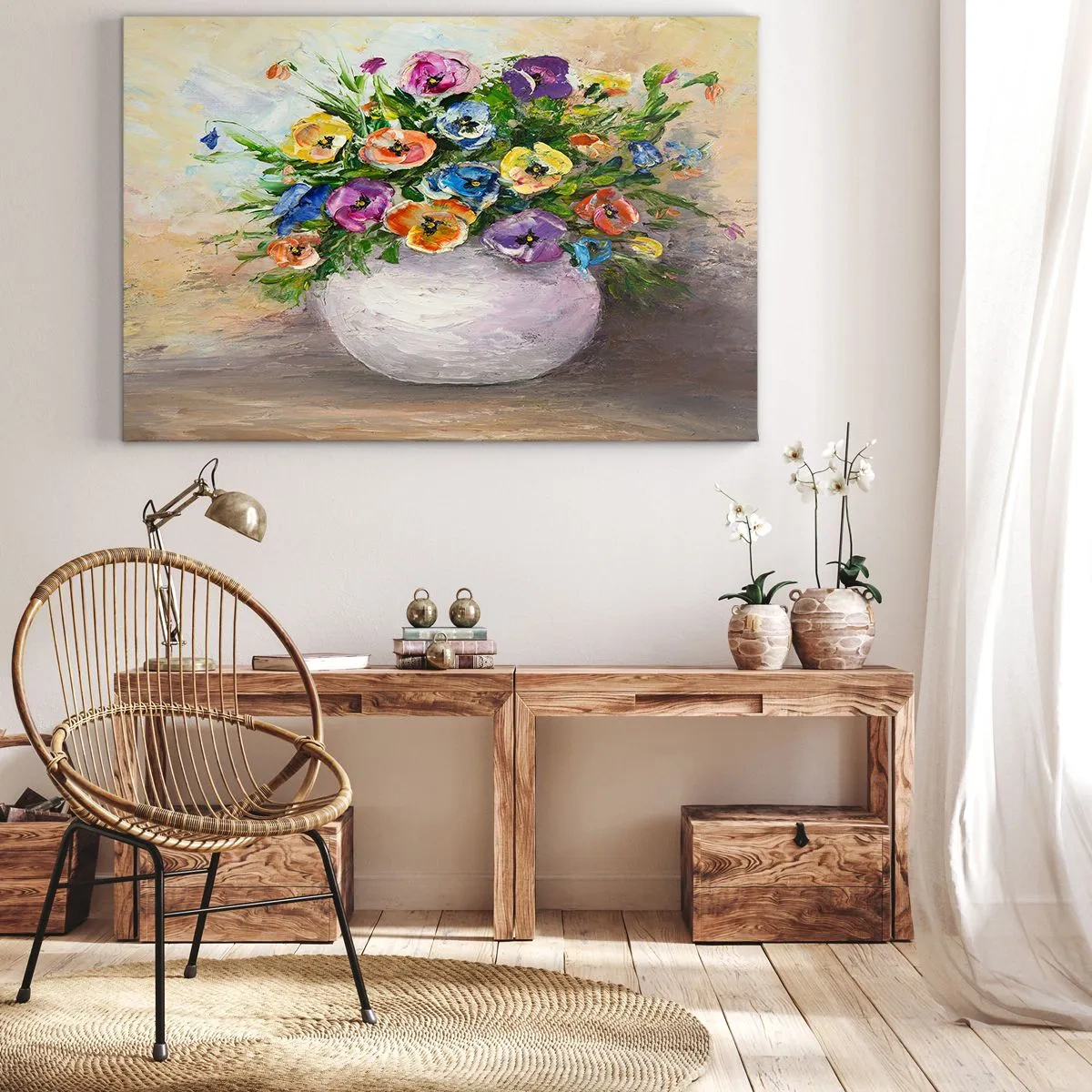 Schilderen op canvas - Een kleurrijk boeket bloemen in een witte vaas - 70x50cm - Stilleven met een witte vaas - Moderne wanddecoratie voor woonkamer en slaapkamer ARTTOR