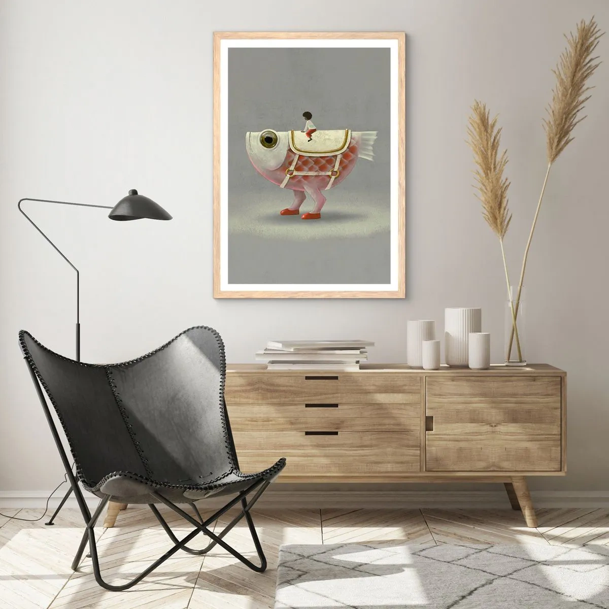Een poster in een licht eiken lijst - Ruiter op een surrealistische vis - 70x100 cm