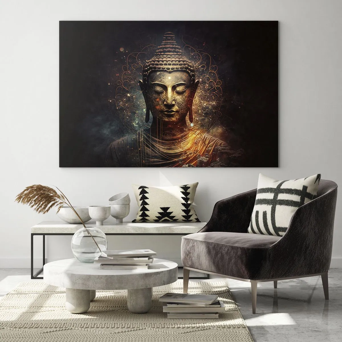 Schilderen op glas - Een gouden Boeddhabeeld op een donkere achtergrond met ornamenten - 70x50cm - Geestelijke balans - Moderne wanddecoratie voor woonkamer en slaapkamer ARTTOR