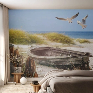 Fotobehang Premium Canvas - Badend in de wind - Landschap, Strand, Duinen - 450x315 cm