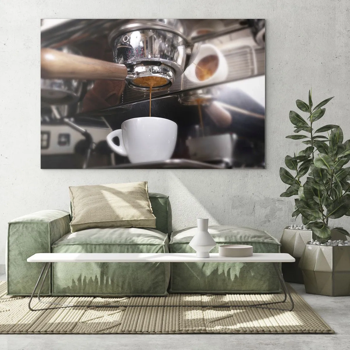 Schilderen op glas - Close-up van een kopje koffie dat uit een snelkoffiezetapparaat wordt gegoten - 70x50cm - Goede tijd van de dag - Moderne wanddecoratie voor woonkamer en slaapkamer ARTTOR