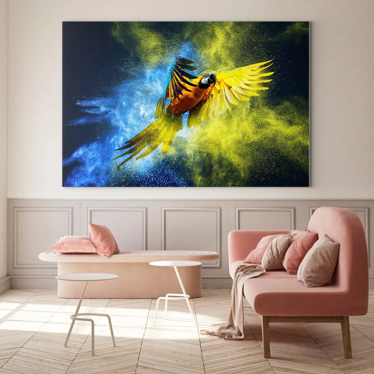 Schilderen op glas - In het blauwe en gouden stof - 120x80 cm