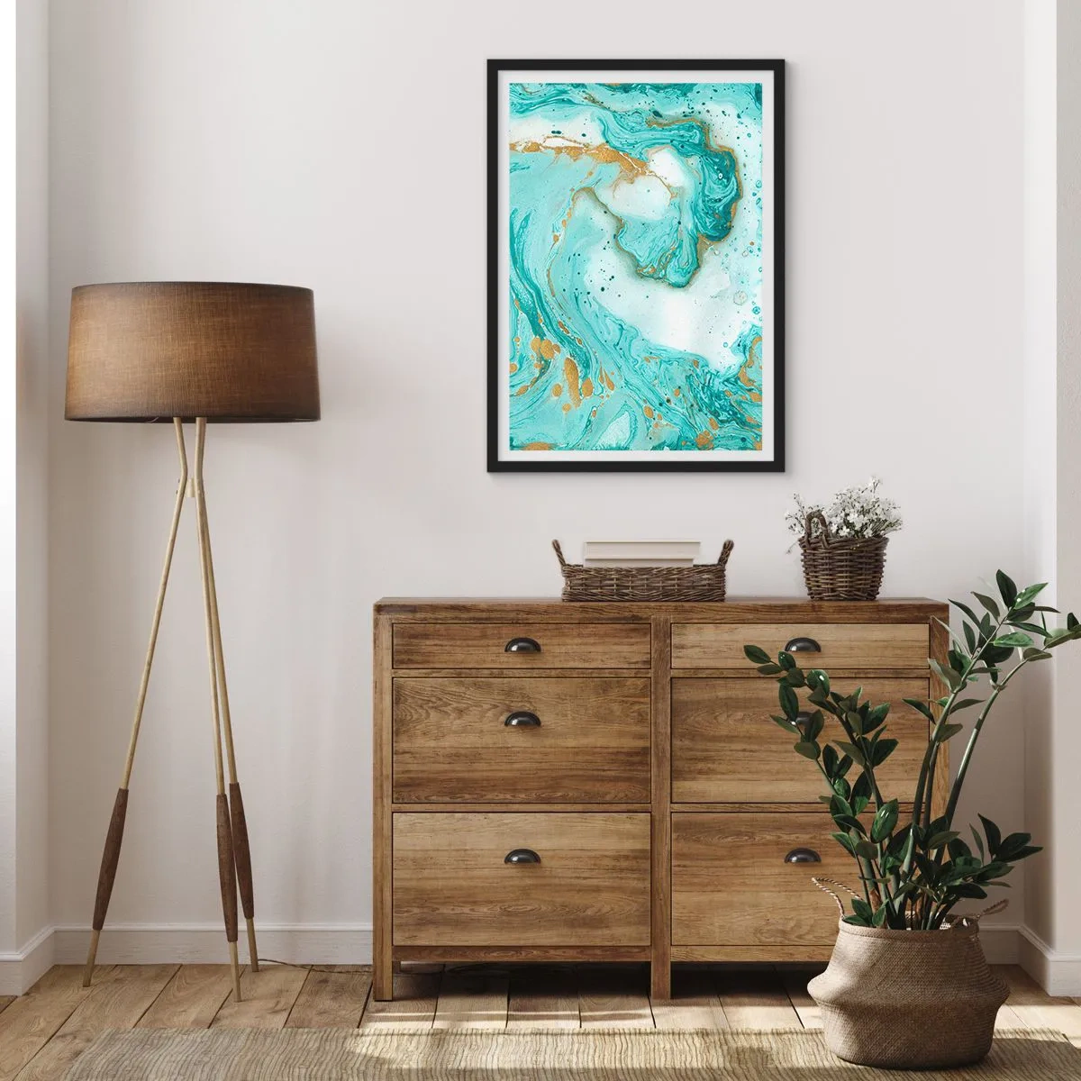 Poster in een zwarte lijst - Turquoise en gouden abstractie in een marmerstijl - 50x70cm - Onder de grote golf van het Edo-tijdperk - Moderne wanddecoratie voor woonkamer en slaapkamer ARTTOR