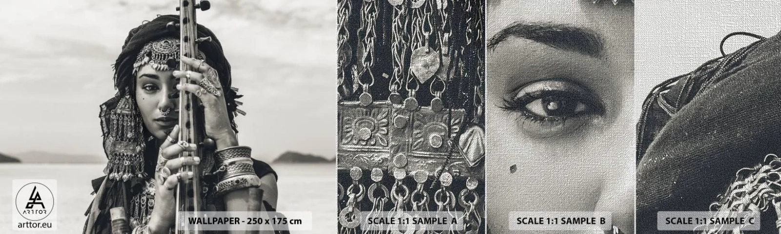 Fotobehang Monster Premium Canvas - De muziek van het Oosten zelf - Vrouw, Boho, Juwelen - 100x30 cm