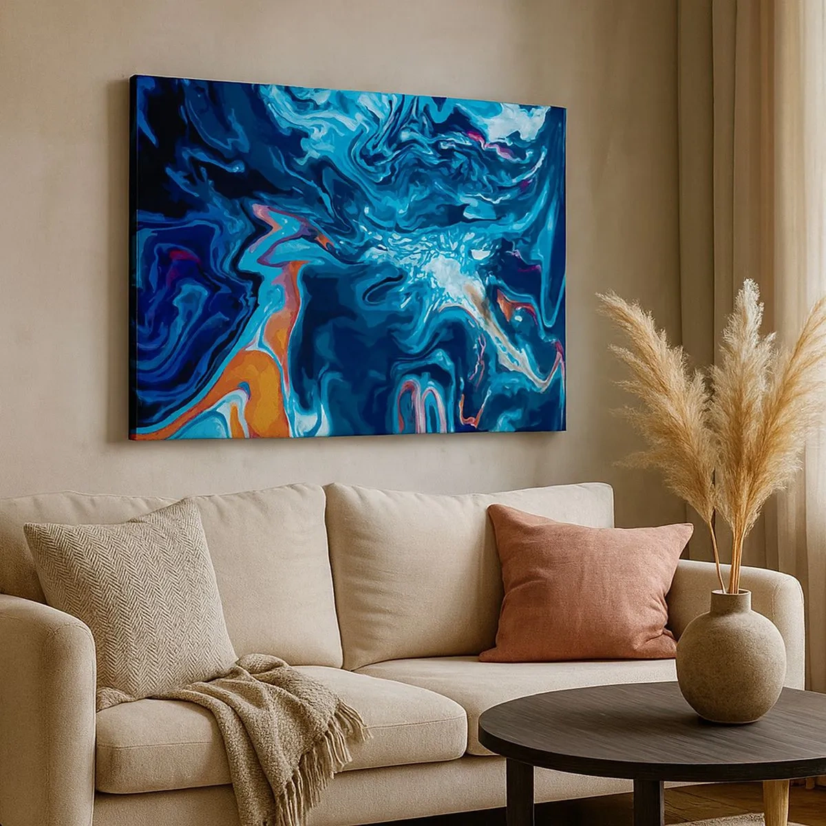 Schilderen op canvas - Een abstract patroon in blauwtinten met oranje accenten. - 70x50cm - Reis naar het centrum van de hemel - Moderne wanddecoratie voor woonkamer en slaapkamer ARTTOR