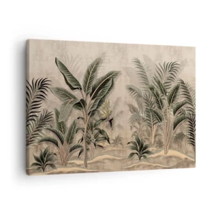 Schilderen op canvas - Palmbomen en tropische vegetatie in tinten groen op een beige achtergrond - 70x50cm - Een gravure in koloniale stijl - Moderne wanddecoratie voor woonkamer en slaapkamer ARTTOR