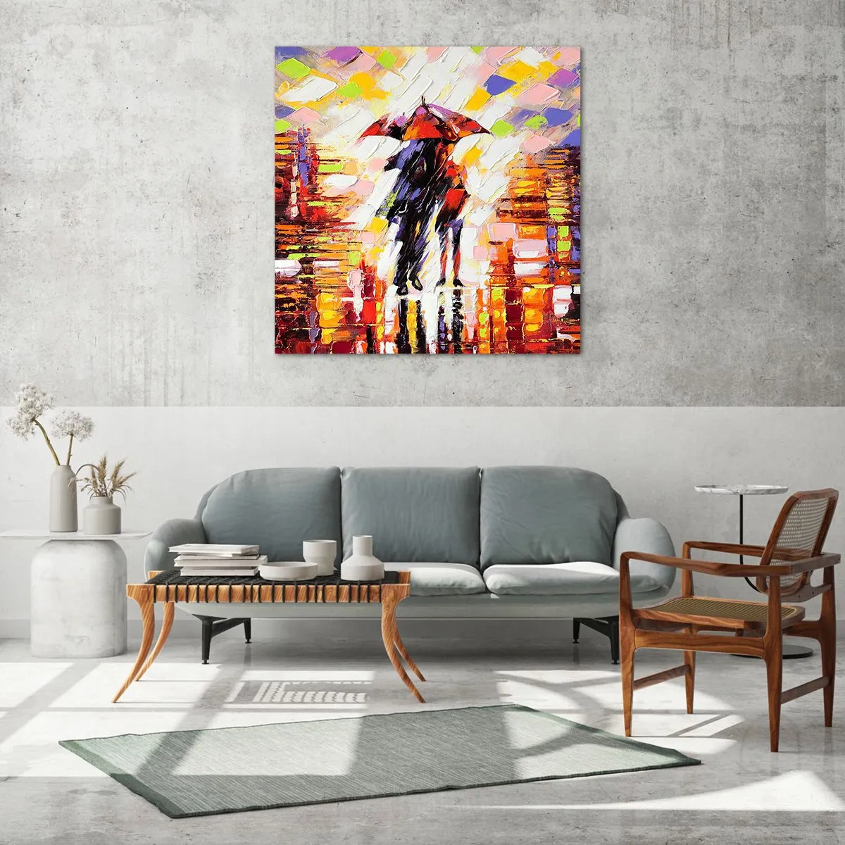 Schilderen op glas - Samen door de nacht en regen - 70x70 cm