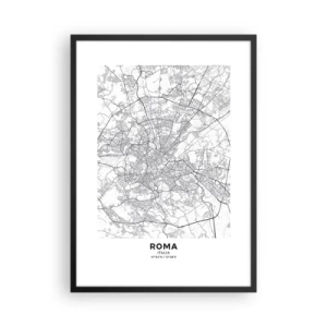 Poster in een zwarte lijst - Zwart-witkaart van Rome met gedetailleerde straten en monumenten - 50x70cm - Romeinse cirkel - Moderne wanddecoratie voor woonkamer en slaapkamer ARTTOR
