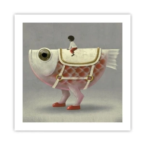 Poster - Ruiter op een surrealistische vis - 50x50 cm