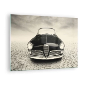 Schilderen op glas - Klassieke auto op kasseienweg in zwart-wit - 70x50cm - Je moet gewoon van me houden - Moderne wanddecoratie voor woonkamer en slaapkamer ARTTOR
