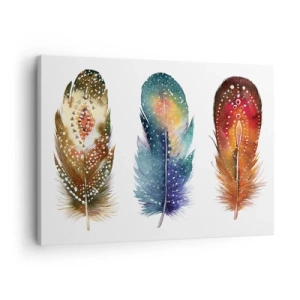 Schilderen op canvas - Drie kleurrijke veren met artistieke patronen op een lichte achtergrond - 70x50cm - Rituelen, ceremonies, geheimen - Moderne wanddecoratie voor woonkamer en slaapkamer ARTTOR