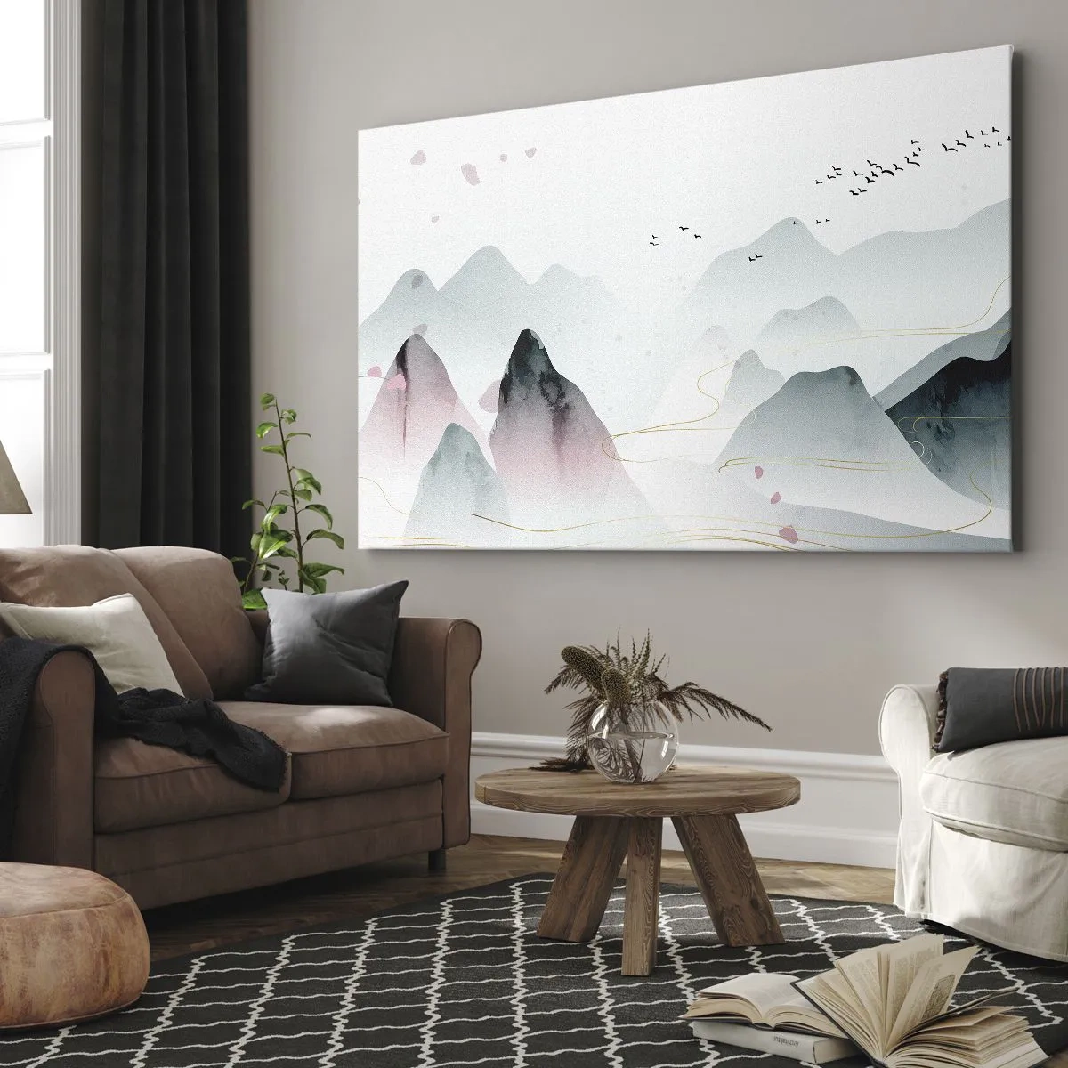 Schilderen op canvas - Abstracte bergen in pasteltinten - 70x50cm - Over de toppen - Moderne wanddecoratie voor woonkamer en slaapkamer ARTTOR
