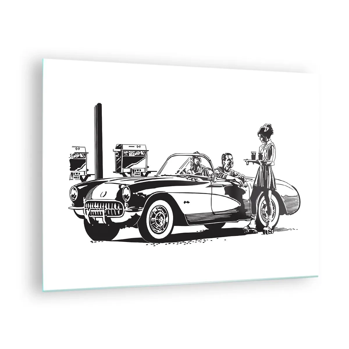 Schilderen op glas - Creatieve graphics met een klassieke auto en personages - 70x50cm - 60e - zorgeloos Amerika - Moderne wanddecoratie voor woonkamer en slaapkamer ARTTOR