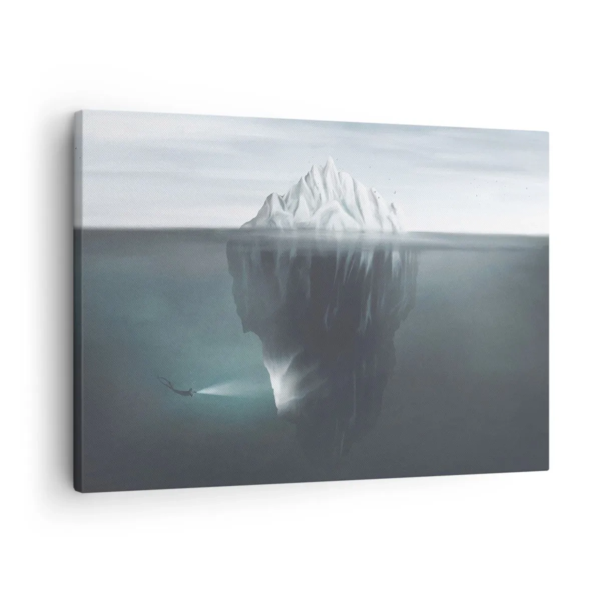 Schilderen op canvas - Een ijsberg in het water met een duiker en een zoeklicht onder het wateroppervlak. - 70x50cm - Onderwater mysterie - Moderne wanddecoratie voor woonkamer en slaapkamer ARTTOR