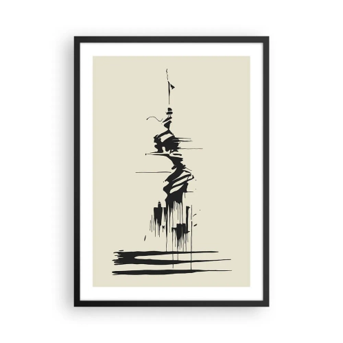 Poster in een zwarte lijst - Een abstracte tekening van een figuur tegen een golvende achtergrond. - 50x70cm - Overhaaste abstractie - Moderne wanddecoratie voor woonkamer en slaapkamer ARTTOR