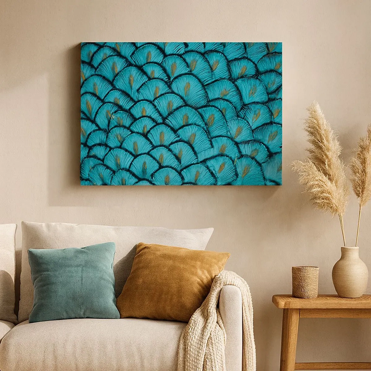 Schilderen op canvas - Een patroon dat lijkt op turquoise schubben met gouden accenten - 70x50cm - Het grote verengala - Moderne wanddecoratie voor woonkamer en slaapkamer ARTTOR