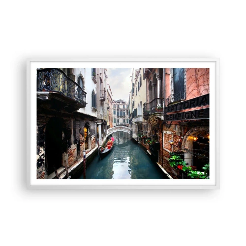 Poster in een witte lijst - Venetiaans landschap met een gondel en een brug - 91x61 cm