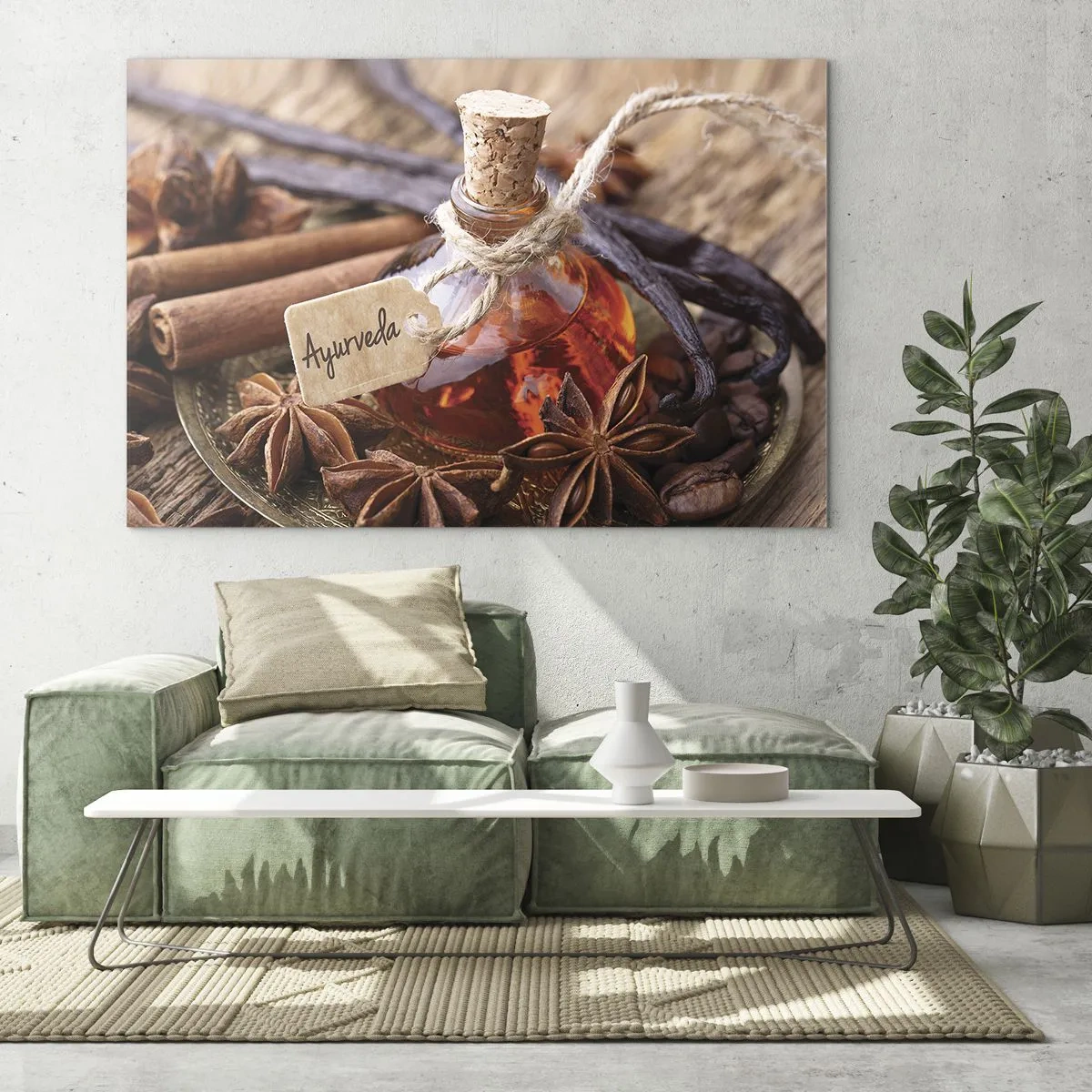 Schilderen op glas - Ayurvedische olie- en kruidenfles - 70x50cm - Naar de eenheid van lichaam en geest - Moderne wanddecoratie voor woonkamer en slaapkamer ARTTOR