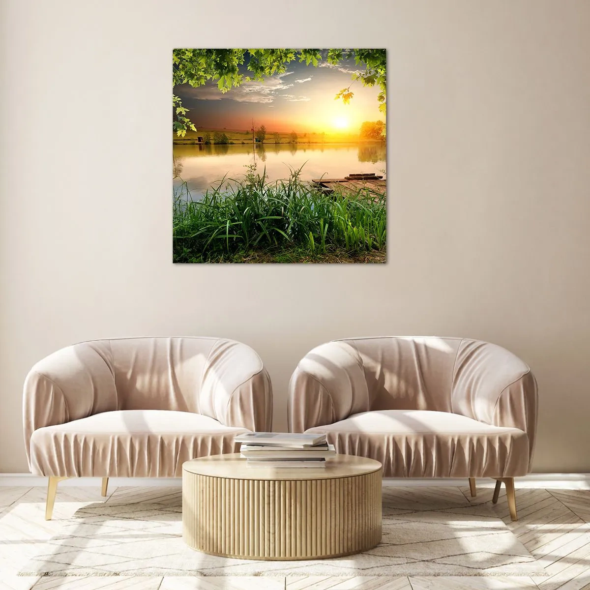 Schilderen op glas - Landschap in een groen kader - 70x70 cm