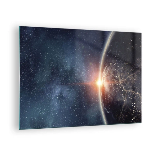 Schilderen op glas - Aarde verlicht door de zonnestralen in de ruimte - 70x50cm - In een nieuw perspectief - Moderne wanddecoratie voor woonkamer en slaapkamer ARTTOR