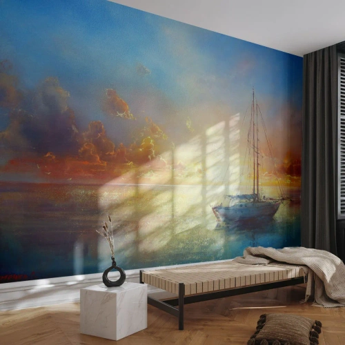 Fotobehang Standard Eco - In een gouden baai - Zeilboot, Landschap, Zee - 500x350 cm