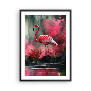 Poster in een zwarte lijst - Een flamingo omringd door roze vegetatie aan het water - 50x70cm - Een les in natuurlijke gratie - Moderne wanddecoratie voor woonkamer en slaapkamer ARTTOR