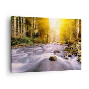 Schilderen op canvas - Een bosbeek verlicht door de zonnestralen - 70x50cm - Malachiet in een zilveren en gouden lijst - Moderne wanddecoratie voor woonkamer en slaapkamer ARTTOR