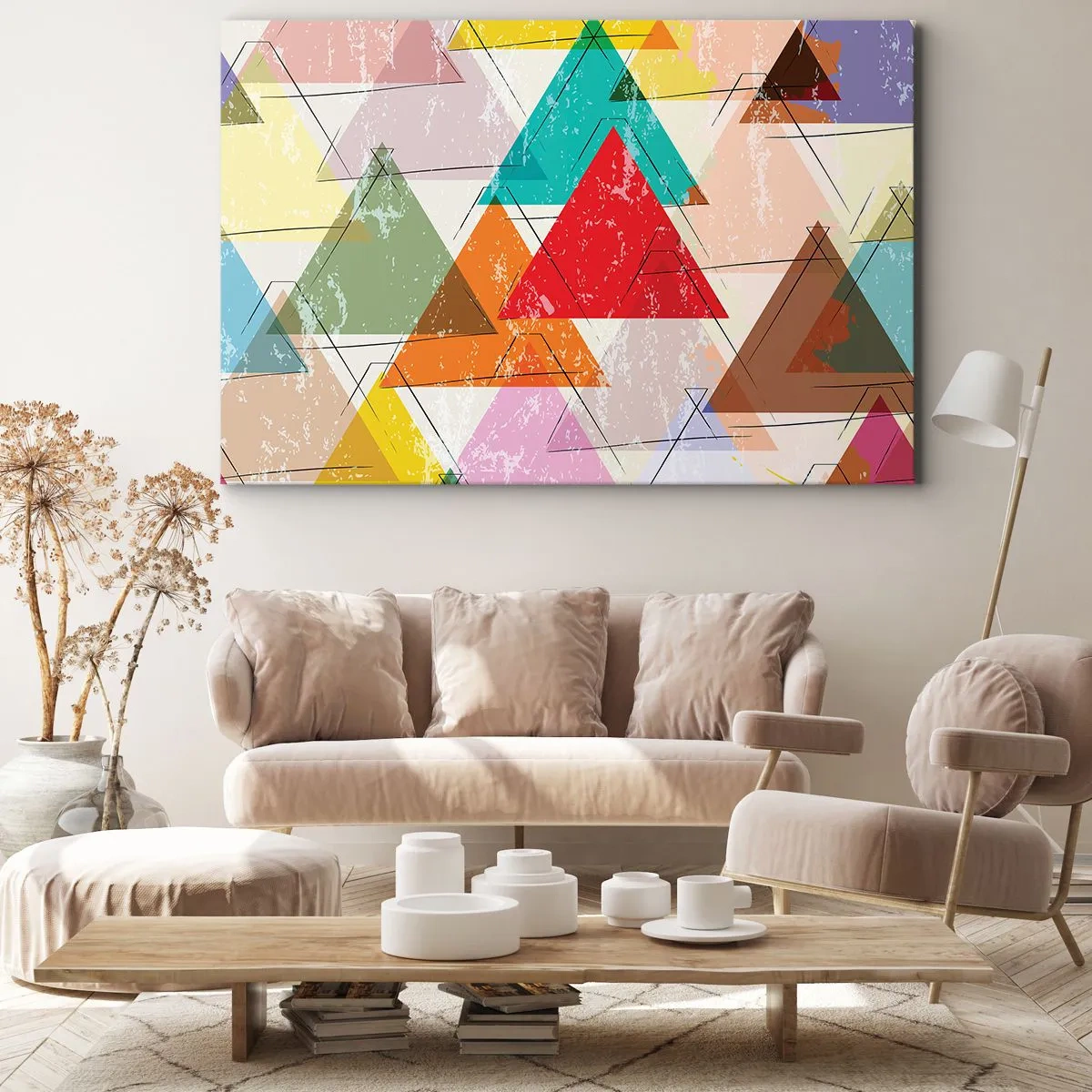 Schilderen op canvas - Kleurrijke abstractie met geometrische driehoeken - 70x50cm - Onzinnige praat uitslaan - Moderne wanddecoratie voor woonkamer en slaapkamer ARTTOR