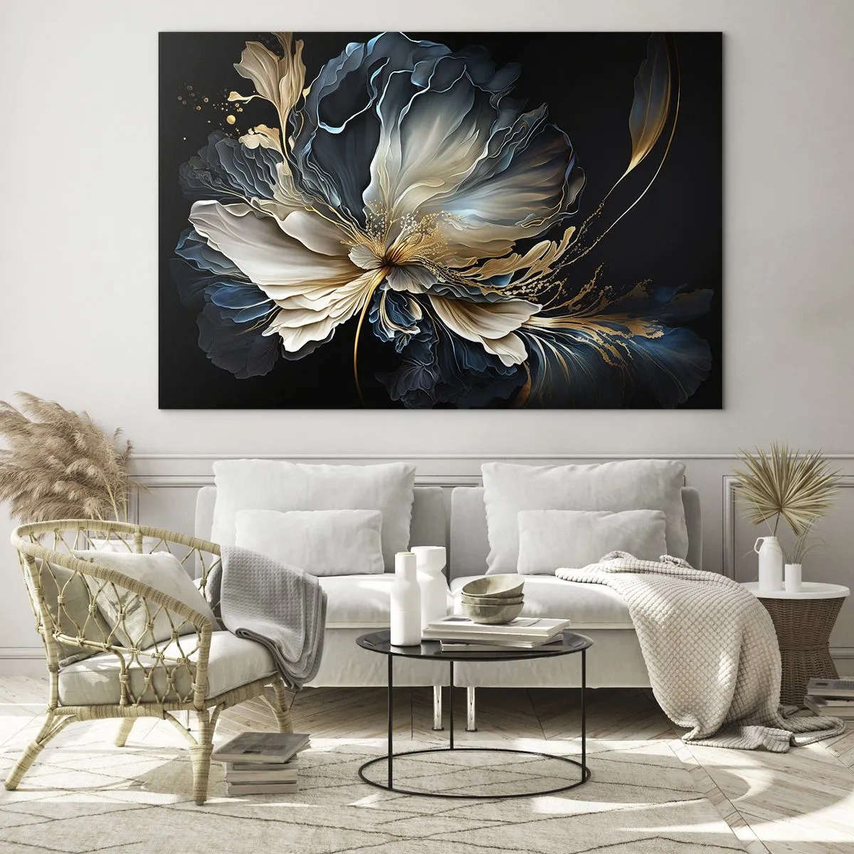 Schilderen op glas - Een sierlijke bloem in tinten goud, marineblauw en beige op zwart - 70x50cm - Sprookjesachtige varenbloem - Moderne wanddecoratie voor woonkamer en slaapkamer ARTTOR