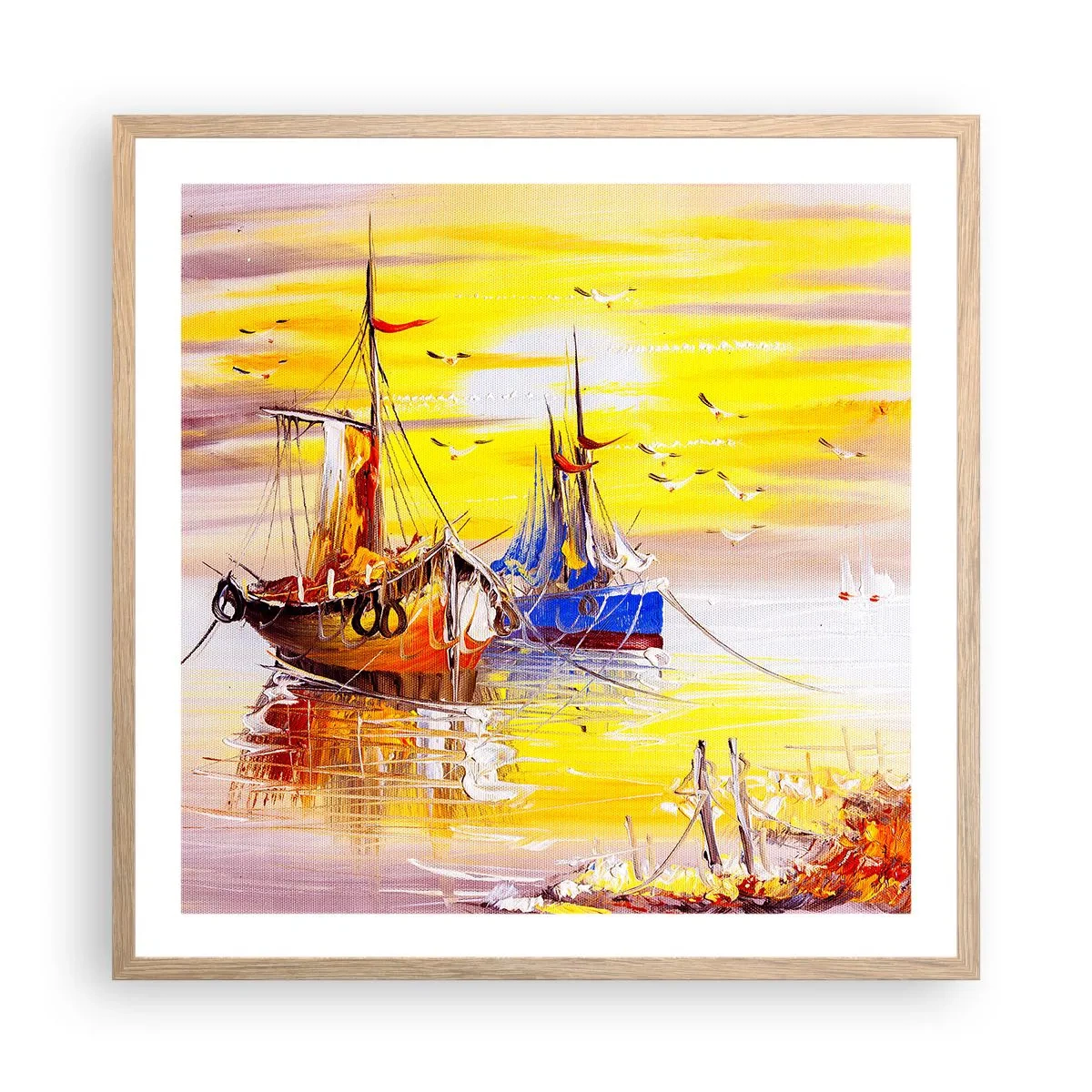 Een poster in een licht eiken lijst - Een welverdiende rust in de haven - 60x60 cm