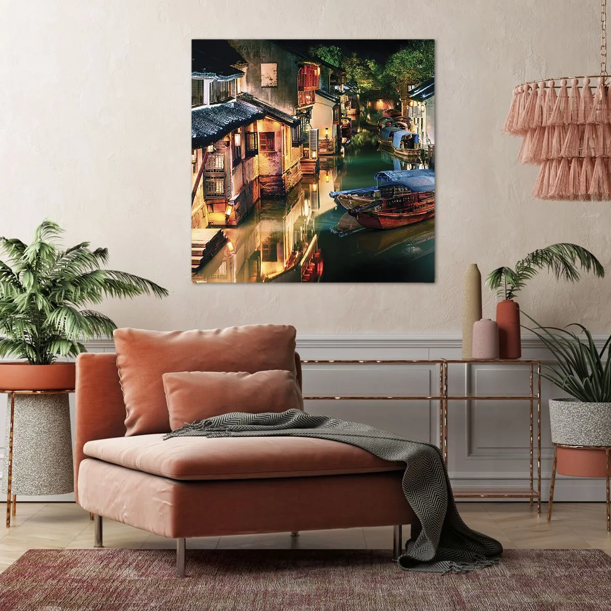 Schilderen op canvas - Een avond op een Chinese straat - 70x70 cm