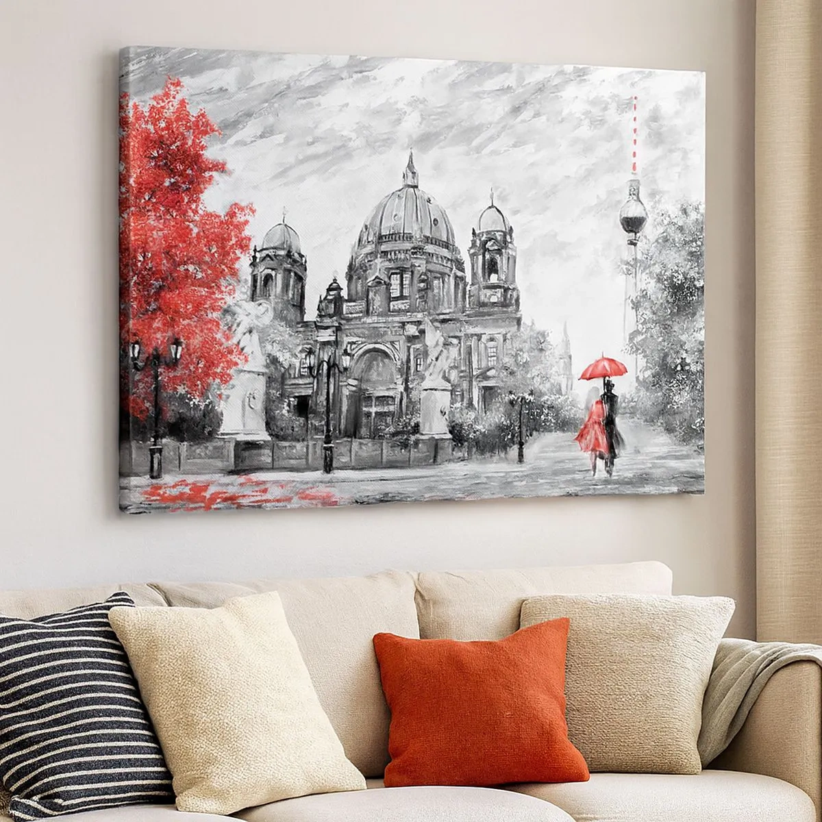 Schilderen op canvas - Zwart-witscène met Berlijn, een rode paraplu en een boom - 70x50cm - Berlijn bijeenkomst - Moderne wanddecoratie voor woonkamer en slaapkamer ARTTOR