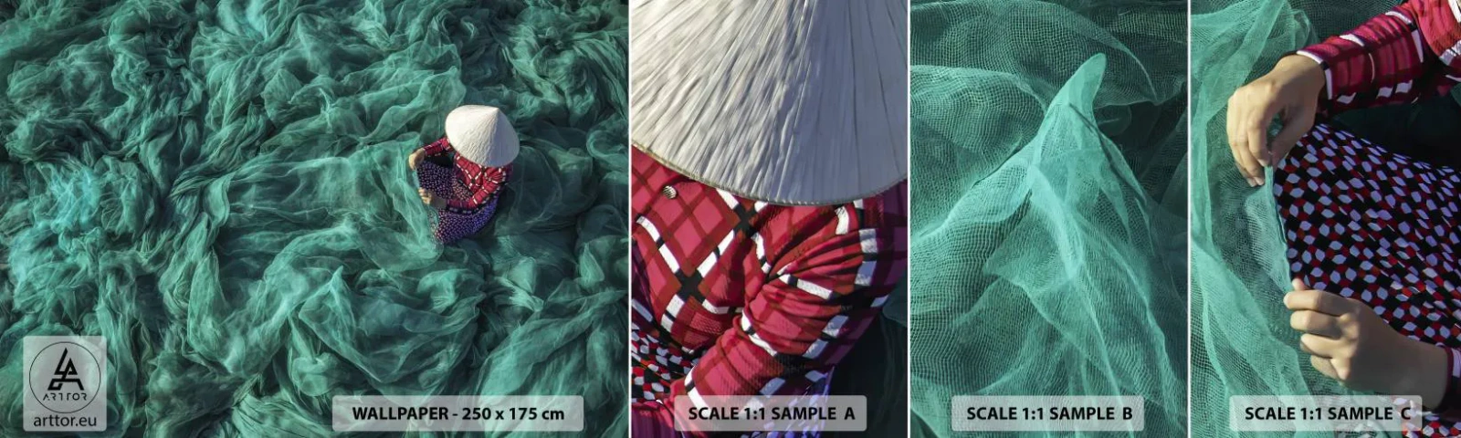 Fotobehang Monster Zelfklevend Deluxe Sticker - In een zee van netten - Visnet, Vrouw, Vietnam - 100x30 cm