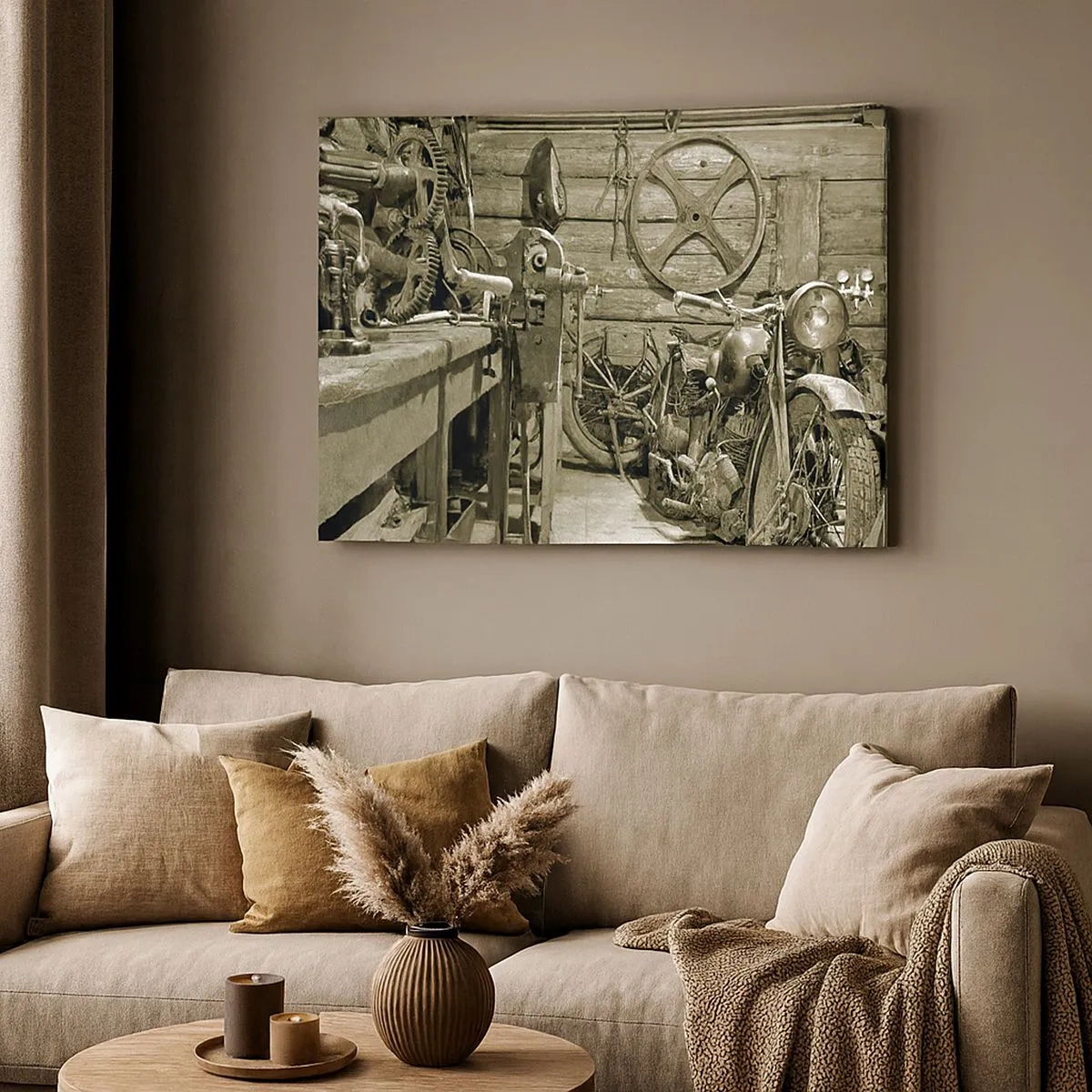 Schilderen op canvas - Retro werkplaats met motorfietsen en gereedschap - 70x50cm - In de schuur van oom Władek - Moderne wanddecoratie voor woonkamer en slaapkamer ARTTOR