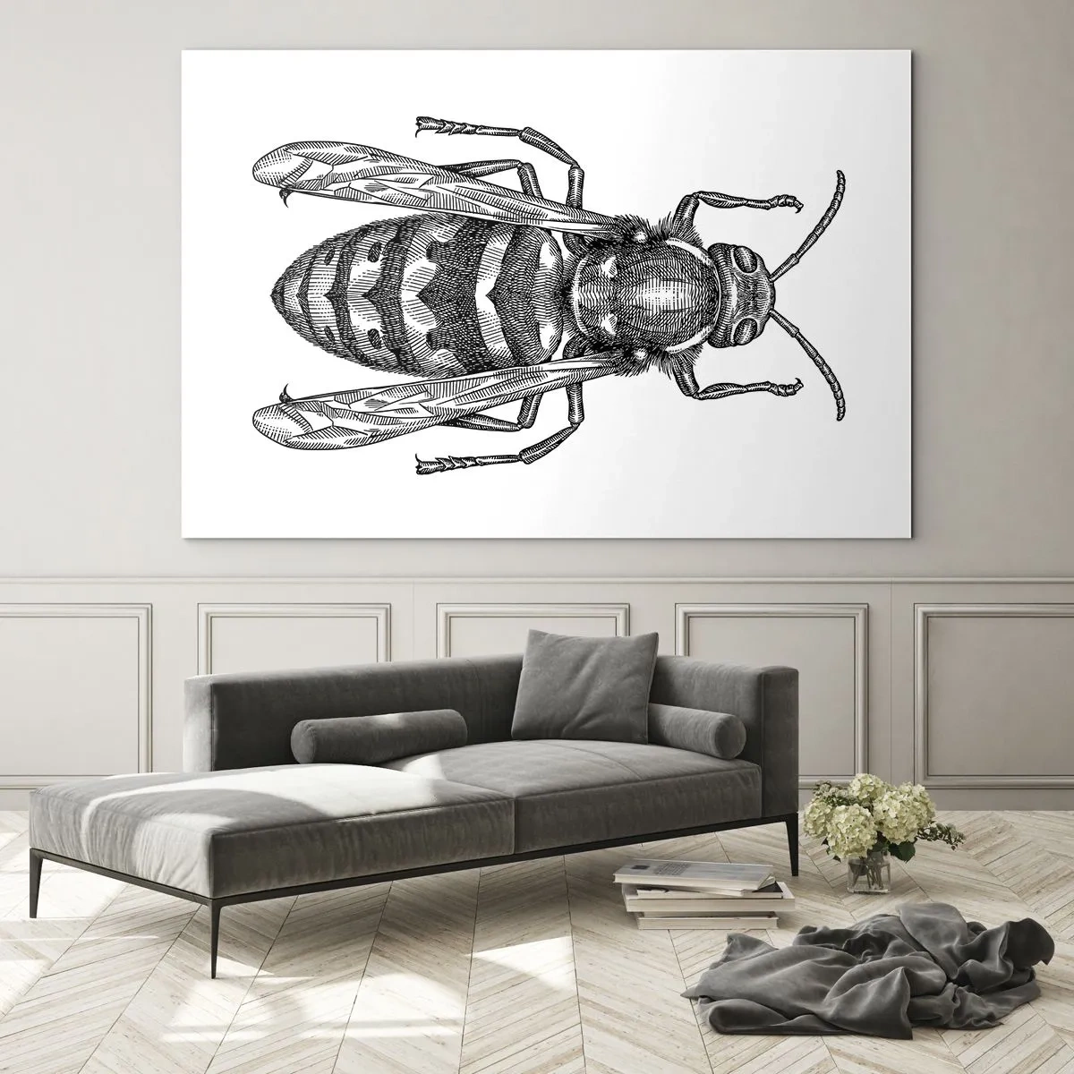 Schilderen op glas - Zwart-witte retro-illustratie van een wesp op een witte achtergrond - 70x50cm - Van een insectenplaneet - Moderne wanddecoratie voor woonkamer en slaapkamer ARTTOR