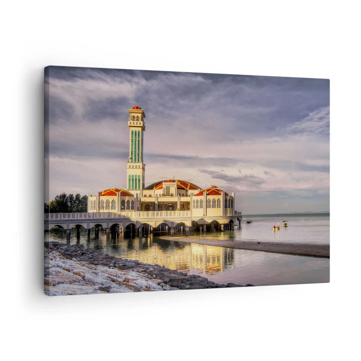 Schilderen op canvas - Een indrukwekkend gebouw met een minaret aan het water, omgeven door een vredig landschap - 70x50cm - Tempel van de natuur - Moderne wanddecoratie voor woonkamer en slaapkamer ARTTOR