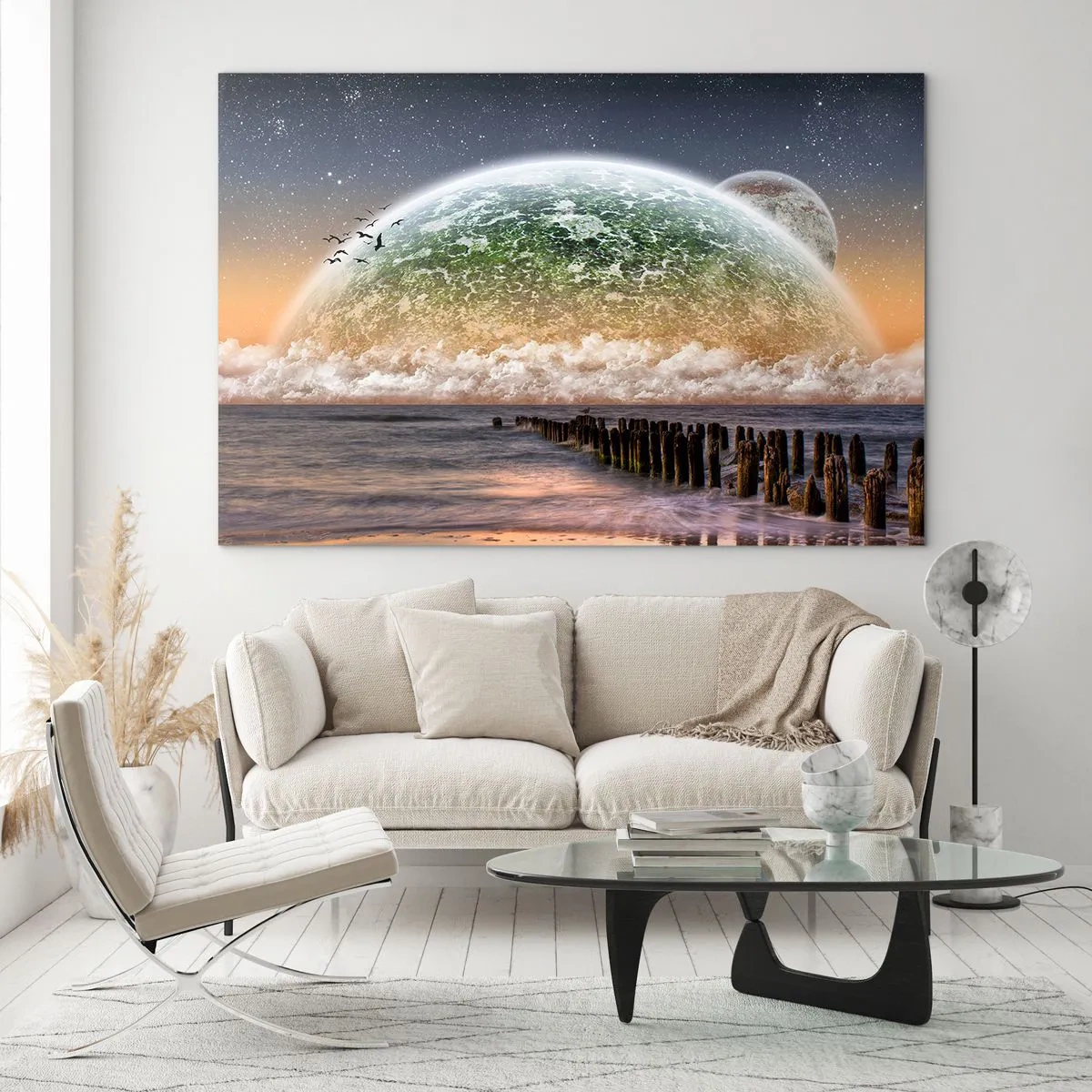 Schilderen op glas - Zonsondergang over de planeet en de oceaan - 70x50cm - En de wereld kwam uit het water - Moderne wanddecoratie voor woonkamer en slaapkamer ARTTOR