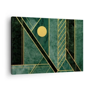 Schilderen op canvas - Groen en goud geometrisch ontwerp met een elegant patroon - 70x50cm - Dynamiek van goud en azuur - Moderne wanddecoratie voor woonkamer en slaapkamer ARTTOR