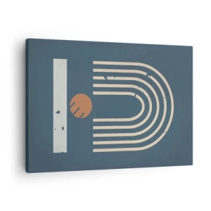 Schilderen op canvas - Geometrisch patroon in tinten marineblauw, beige en oranje op een donkere achtergrond - 70x50cm - Geometrie op de granaatappel - Moderne wanddecoratie voor woonkamer en slaapkamer ARTTOR