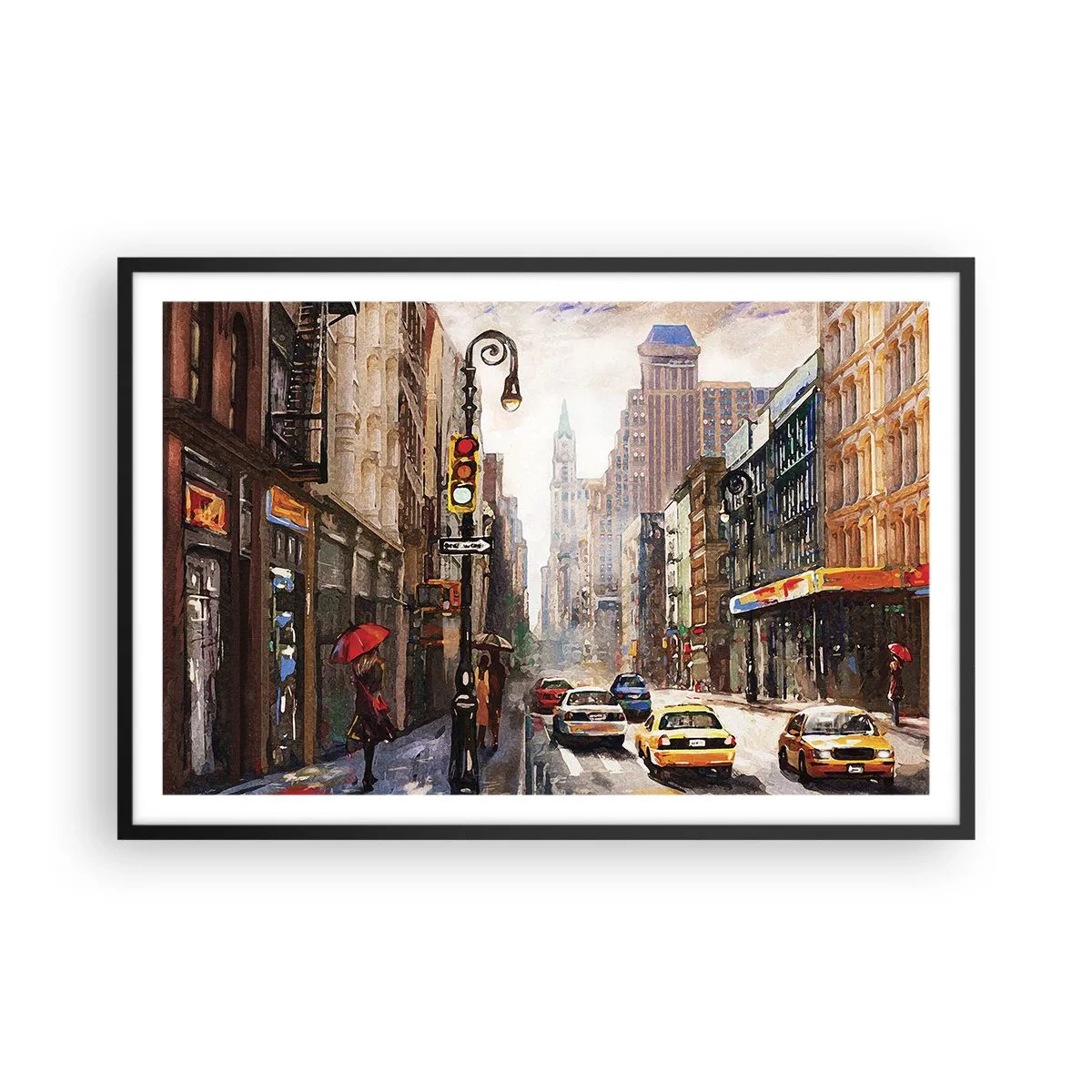 Poster in een zwarte lijst - New York - ook kleurrijk in de regen - 91x61 cm