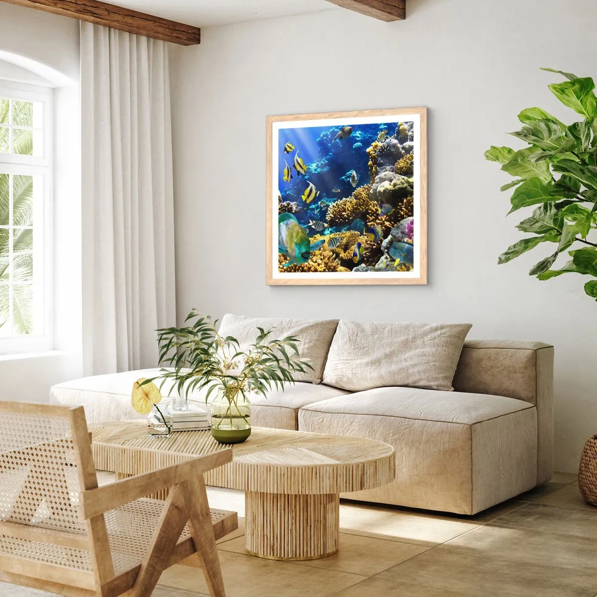 Een poster in een licht eiken lijst - Veel verkeer op de vakantieroute - 60x60 cm