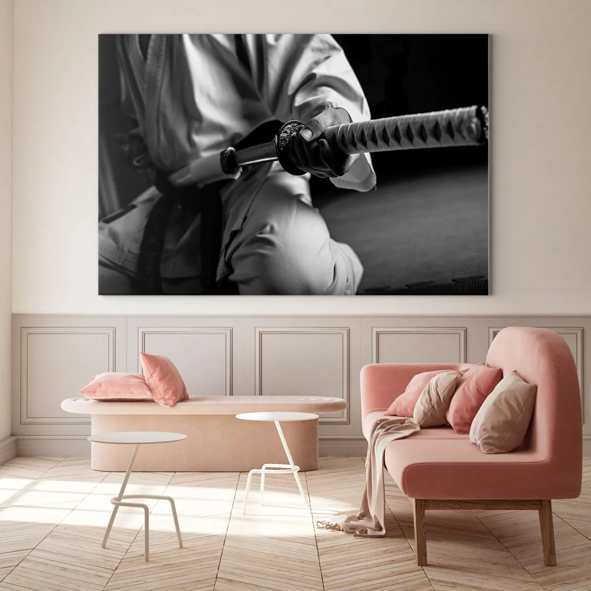 Schilderen op glas - Een figuur in een kimono met een zwaard in de hand, zwart-wit compositie - 70x50cm - Ziel van een vechter - Moderne wanddecoratie voor woonkamer en slaapkamer ARTTOR