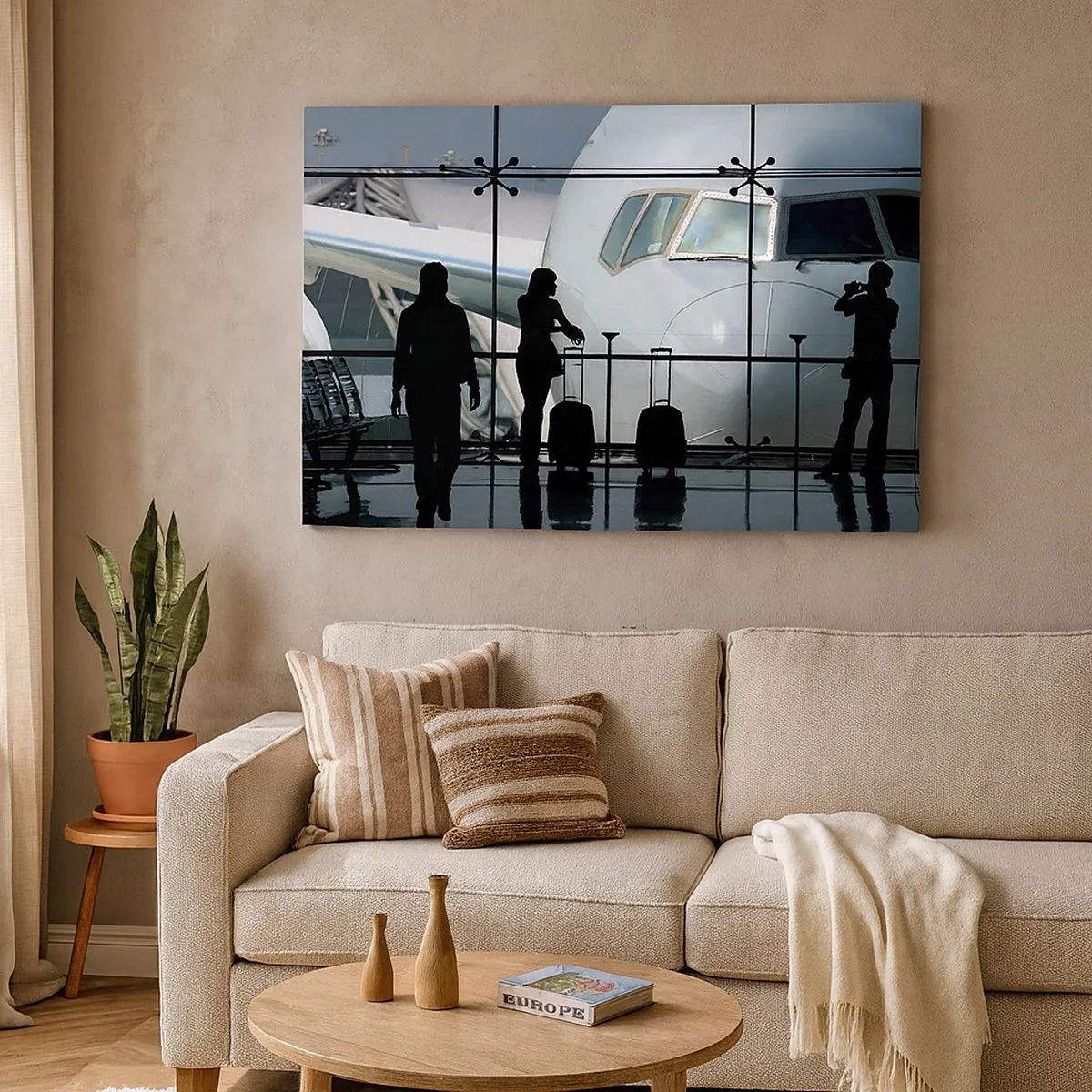 Schilderen op canvas - Luchthaven met silhouetten van mensen en uitzicht op het vliegtuig - 70x50cm - Vis a vis op de luchthaven - Moderne wanddecoratie voor woonkamer en slaapkamer ARTTOR