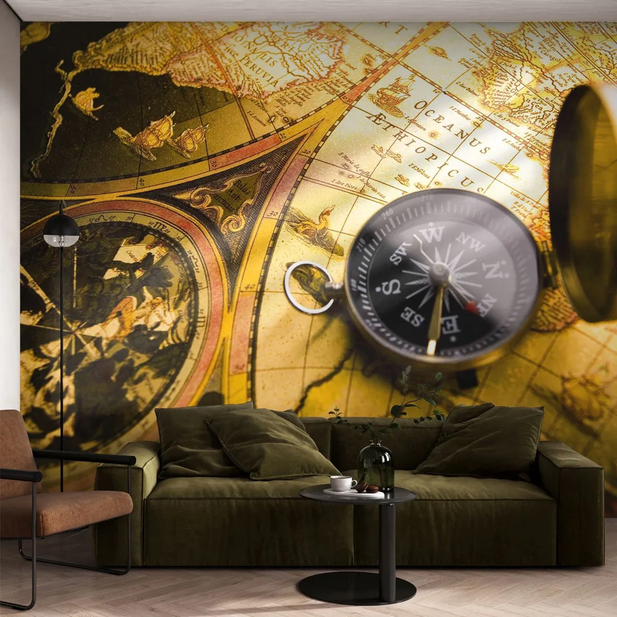 Fotobehang op maat Premium Canvas - Of misschien naar het einde van de wereld? - Reizen, Wereldkaarten, Kompas