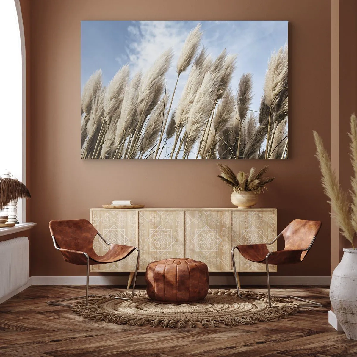 Schilderen op canvas - Delicate pampasgrassen tegen een blauwe lucht met lichte wolken - 70x50cm - Zonnige en winderige streling - Moderne wanddecoratie voor woonkamer en slaapkamer ARTTOR
