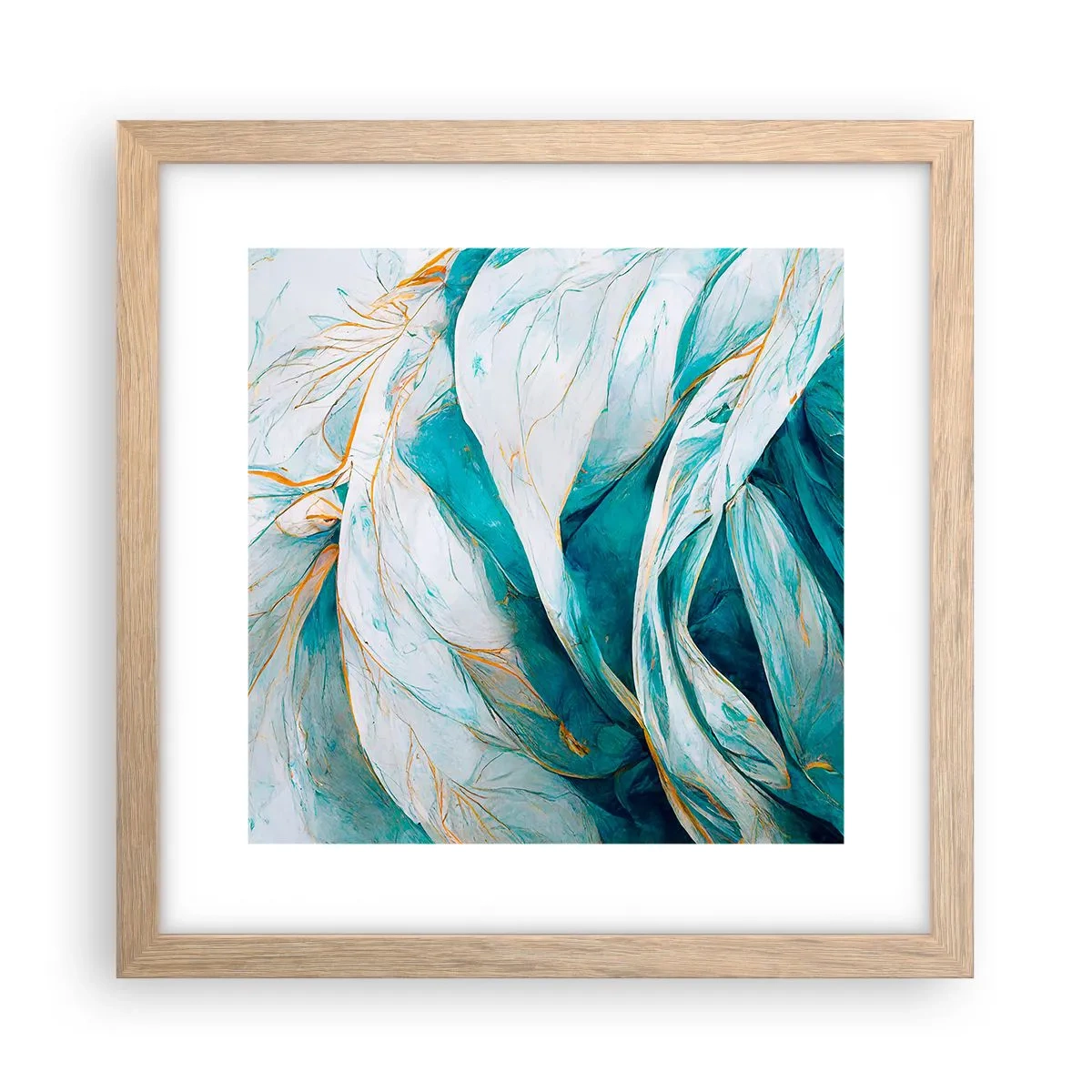 Een poster in een licht eiken lijst - Blauwe abstractie met een gouden motief - 30x30 cm