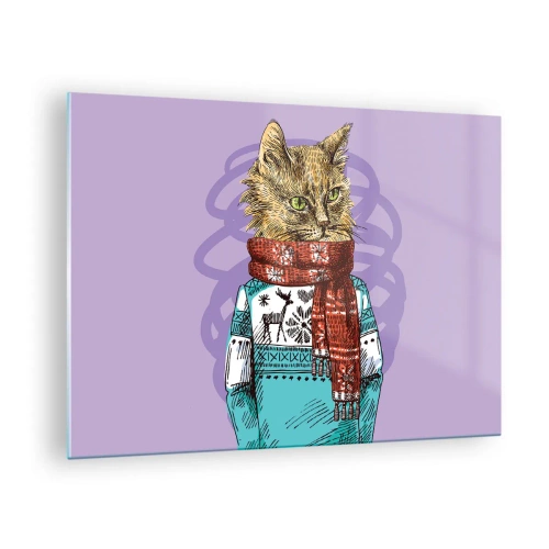 Schilderen op glas - Een kat in een trui en sjaal op een paarse achtergrond - 70x50cm - De kat niet alleen in schoenen - Moderne wanddecoratie voor woonkamer en slaapkamer ARTTOR