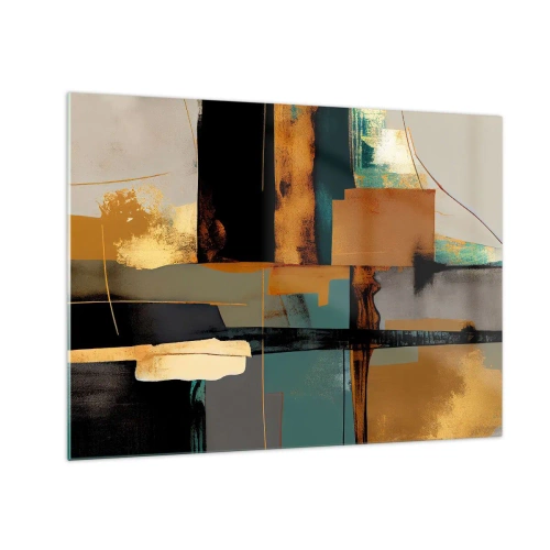 Schilderen op glas - Moderne abstractie met contrasterend goud, zwart en turquoise - 70x50cm - Abstractie – licht en schaduw - Moderne wanddecoratie voor woonkamer en slaapkamer ARTTOR