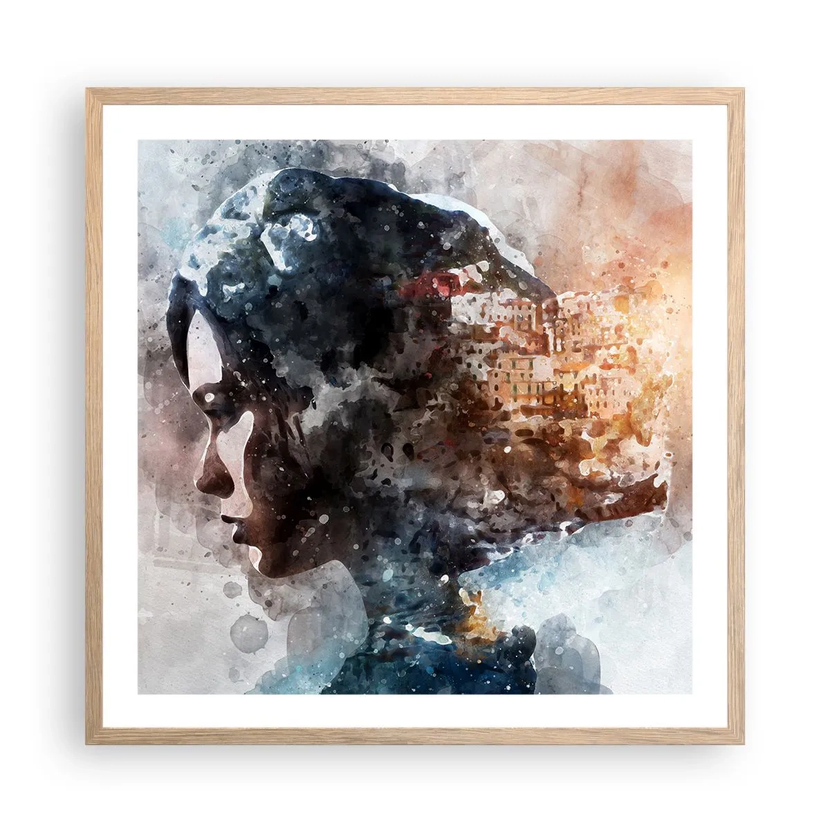 Een poster in een licht eiken lijst - Een verhaal over een meisje met een stad op de achtergrond - 60x60 cm